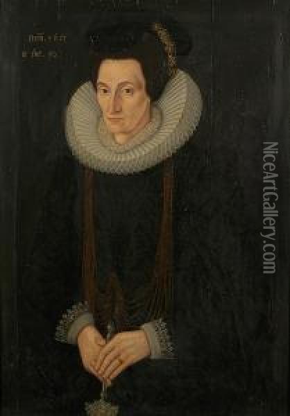 A Portrait Of Bridget, Lady 
Heveningham, Half Length, In Black Gown With Ruff And Lace Cuffs And 
Wearing Ornate Jewellery Oil Painting - Marcus Ii Gerards