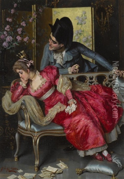 A Lovers' Quarrel; A Flirtatious Moment (a Pair) Oil Painting - Pio Ricci