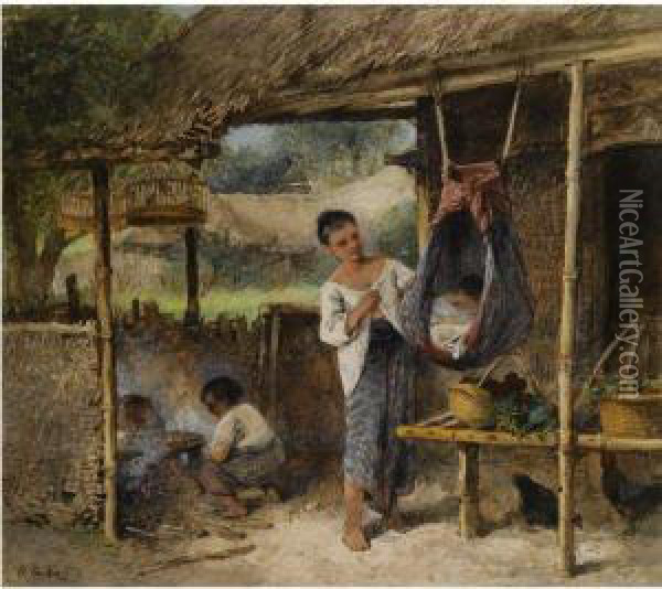 A Javanese Household Oil Painting - Jan Mari Henri Ten Kate