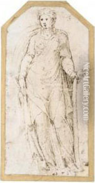 Standing Draped Female Figure, Holding A Staff In Her Left Hand Oil Painting - Girolamo da Carpi