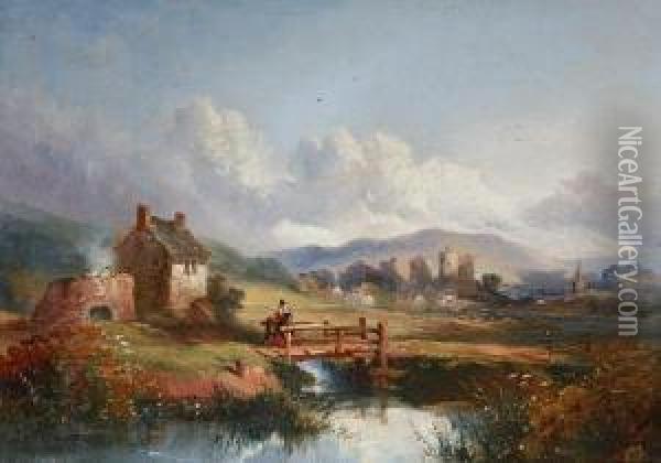 A Welsh Landscape, With A Lady In Welshcostume Crossing A Bridge By A Cottage Oil Painting - Joseph Horlor