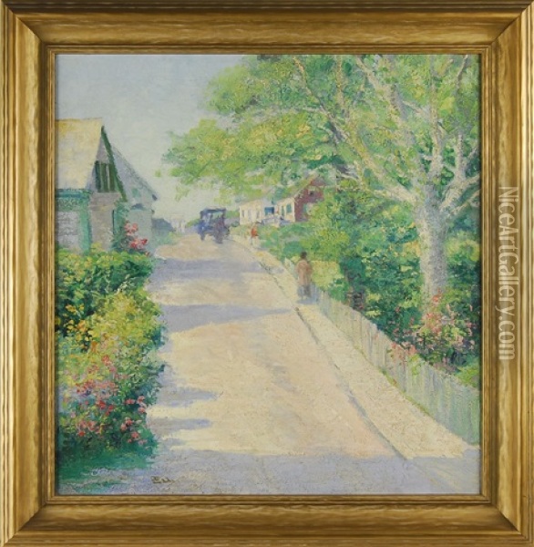 Summer Street Scene (nantucket?) With Pedestrians And Horse-drawn Buggy Oil Painting - Henry Stephens Eddy
