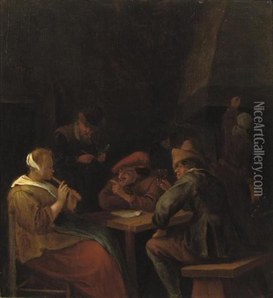 Peasants Drinking And Making Music In An Inn Oil Painting - Jan Steen