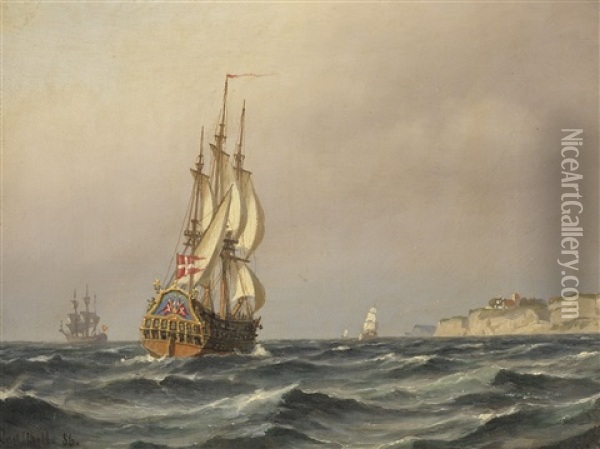 Danisches Kriegsschiff Vor Der Kuste Oil Painting - Carl Ludwig Bille