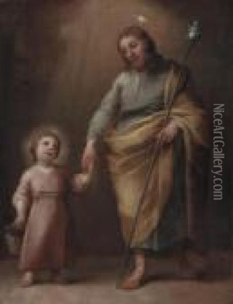 The Infant Christ Child With Saint Joseph Oil Painting - Bartolome Esteban Murillo