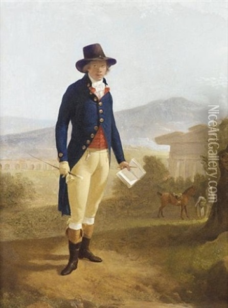 Portrait Of A Young Gentleman In A Dark Blue Coat, Red Waistcoat And Buff Breeches, With A Brown Hat, Holding A Book And A Crop, A Groom With Horses Before A Ruined Temple Oil Painting - Louis Gauffier