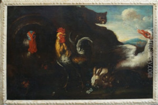 A Cockerel, Rabbits, A Turkey, A Goose Alarmed By A Cat Oil Painting - David de Coninck