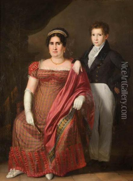 Retrato De Dona Paula Bragana Y Su Hijo, Suegra Y Cunado Del Pintor Oil Painting - Rafael Tejeo