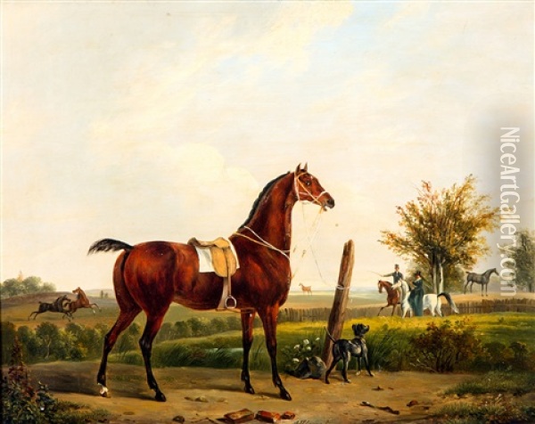 Gezadeld Renpaard, In De Achtergrond Een Amazone En Ruiter Oil Painting - Abraham Hendrik Winter
