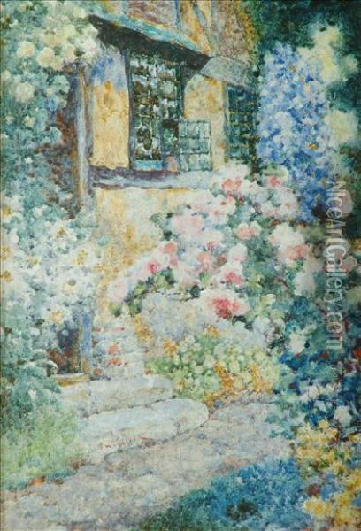 The Cottage Door,with Roses And Delphiniums Oil Painting - David Woodlock