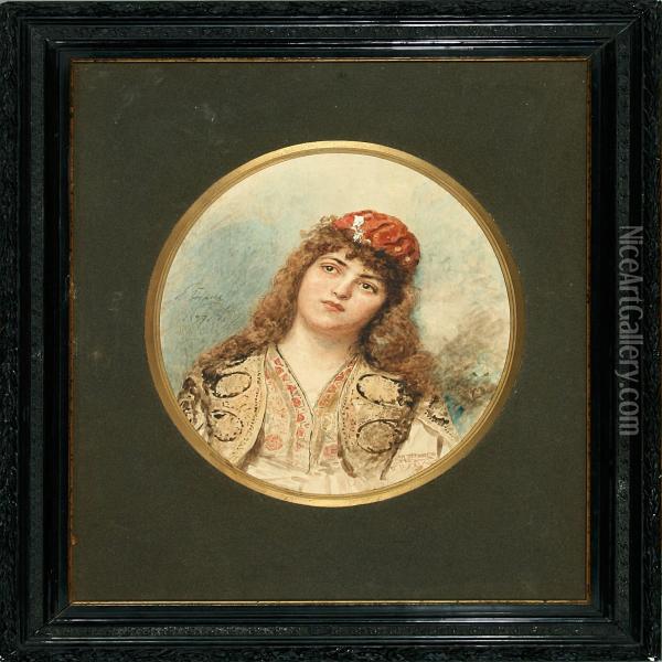A Girl In Turkish Nationale Costume. Signed And Dated V. Bobrov 1897 Oil Painting - Viktor Alexejewitsch Bobrov