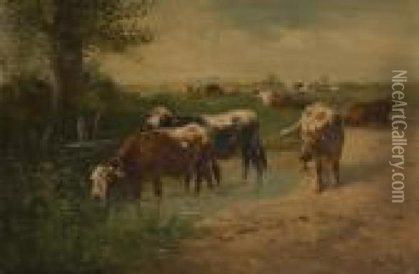 Vaches S'abreuvant Oil Painting - Henry Schouten
