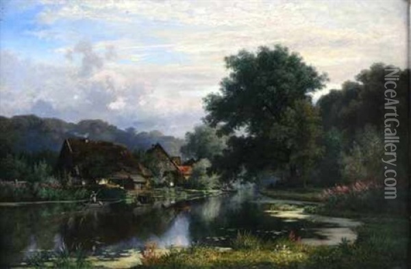 Bauernhauser Mit Personenstaffage An Einer Flusniederung Unter Hohen Baumen Oil Painting - Adolf Dressler