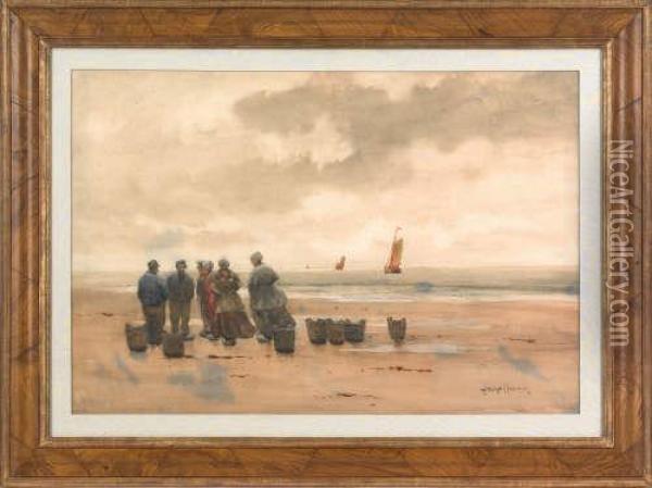 Coastal Scene With Figures Oil Painting - Melbourne Havelock Hardwick