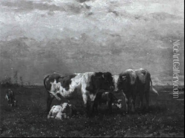 Weite Weidelandschaft Mit Stier, Kuh Und K,lbern Oil Painting - Johannes Hubertus Leonardus de Haas