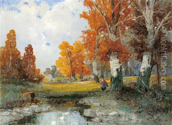 Herbstliche Aulandschaft Mit Reisigsammlerin Oil Painting - Georg Fischhof