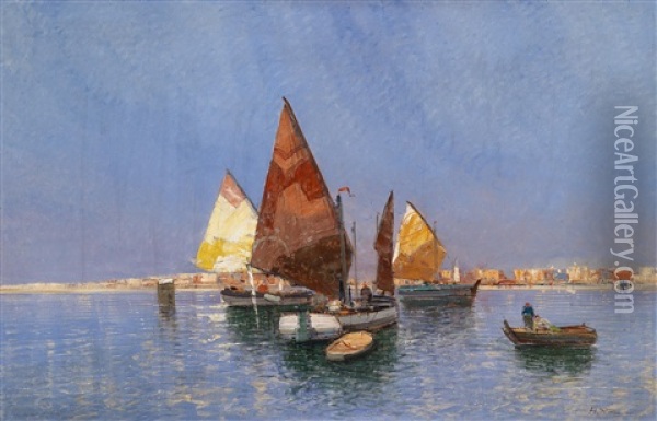 Segelschiffe Vor Sudlichem Hafen (venedig) Oil Painting - Georg Fischhof