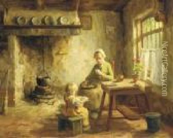 A Mother And Child In A Kitchen Interior Oil Painting - Evert Pieters