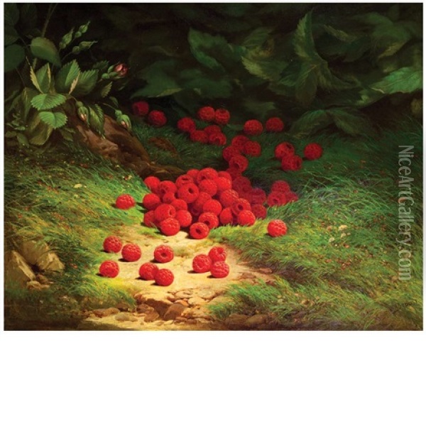 Raspberries On The Forest Interior Floor Oil Painting - William Mason Brown