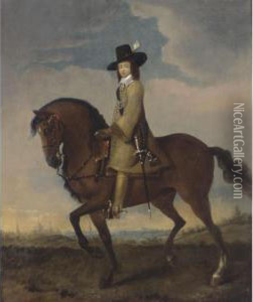 Equestrian Portrait Of A Gentleman In A Landscape, A City Beyond Oil Painting - Gonzales Cocques