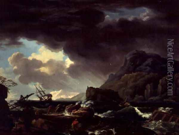 A Mediterranean coastal scene with ships foundering and castaways Oil Painting - Claude-joseph Vernet