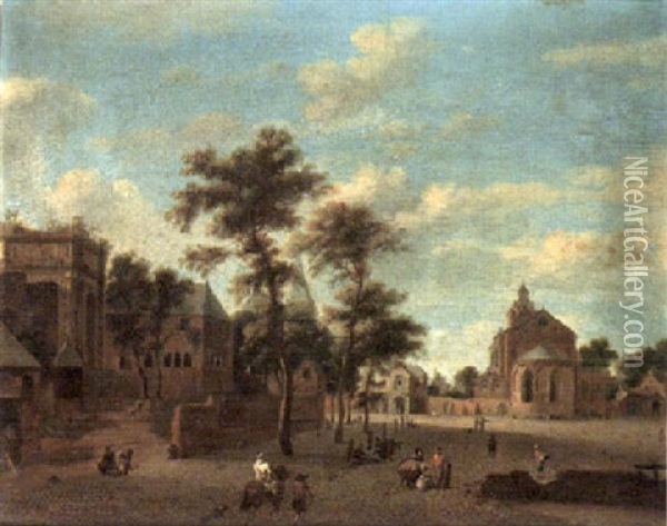 A View Of A Square In Cologne With The Church Of Saint Cecilia On The Right Oil Painting - Jan Van Der Heyden