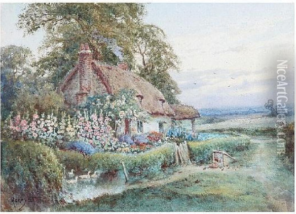 Country Cottage With Duck Pond Oil Painting - Henry Stannard