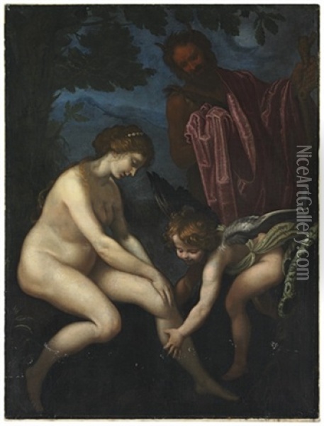 Venus, Cupid And Pan Oil Painting - Giovanni Bilivert