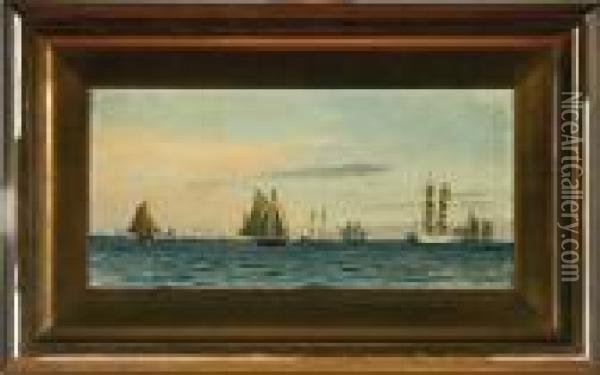 Marine With Several Sailing Ships In The Great Sound, Denmark Oil Painting - Christian Vigilius Blache