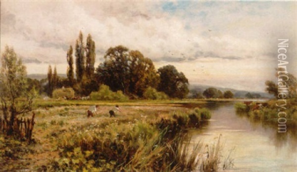 Haymaking By The Thames Oil Painting - Henry H. Parker