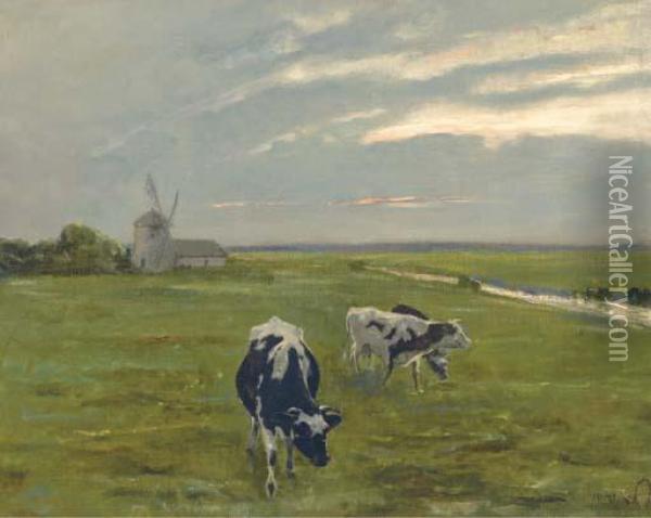 Cattle Before A Windmill At Dusk Oil Painting - Arthur Heyer