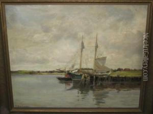 Sailboat Docked At Shore Oil Painting - Anton Stockmann
