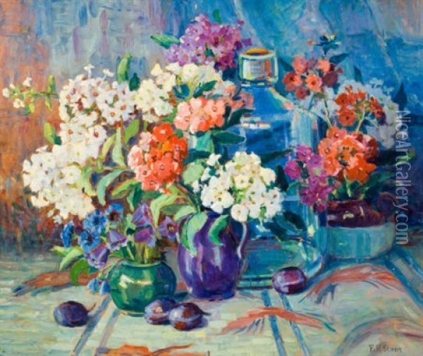 Still Life With Flowers, Vases And Plums Oil Painting - Frances Hudson Storrs