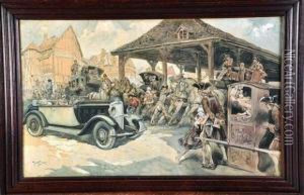 l'arrivee De L'automobile Au Village Oil Painting - George Conrad Roller