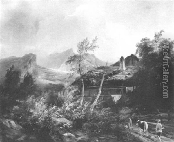Alpenlandschaft Mit Einem Bauernhaus Oil Painting - Alexandre Dubuisson