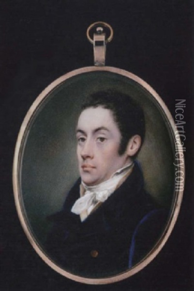 A Gentleman With Short Dark Hair, Wearing Double-breasted Blue Coat With Gold Buttons, Cream Waistcoat And Tied White Stock Oil Painting - John Cox Dillman Engleheart