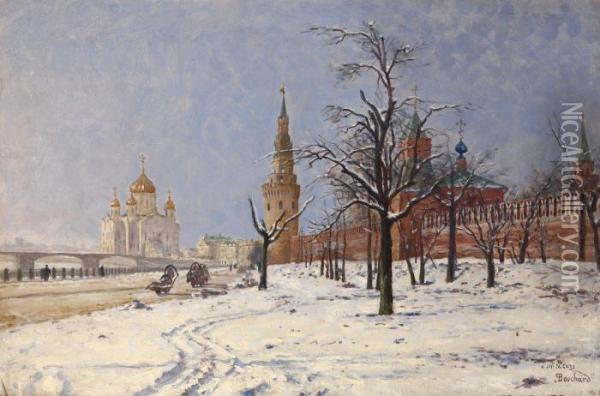 View Of The Kremlin And Cathedral Of Christ The Saviour In Winter Oil Painting - Paul Louis Bouchard