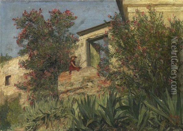 Im Garten Eines Italienischen Hauses. Junge Frau Zwischen Bluhenden Oleanderbuschen Auf Einer Brustung Sitzend Oil Painting - Georg Macco