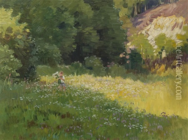 Young Girl In A Meadow Oil Painting - Stanislav Lolek