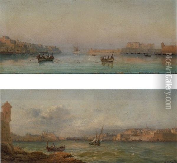 Shipping In Calm Waters In The Grand Harbour, Valetta, Malta Oil Painting - Luigi Maria Galea