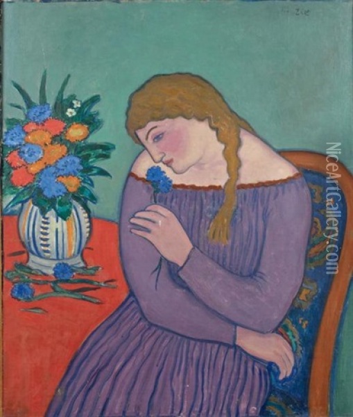Jeune Fille Assise Devant Un Bouquet Oil Painting - Eugene Zak