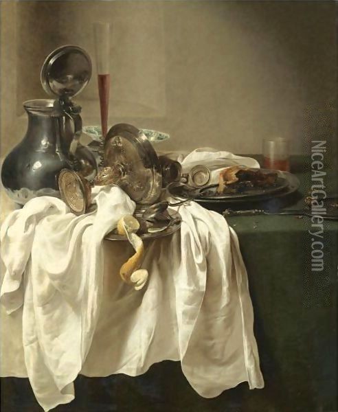 A Still Life With A Pewter Jug And An Overturned Tazza, A Porcelain Bowl, Wine Glass Oil Painting - Jan Jansz. den Uyl
