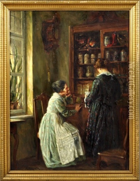 Interieur Mit Zwei Frauen Vor Geschirrschrank (erinnerungen) Oil Painting - August Rieper