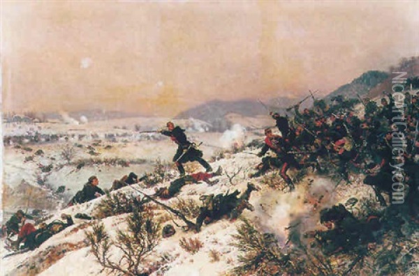 Combat De Chenebier Oil Painting - Alphonse Marie de Neuville