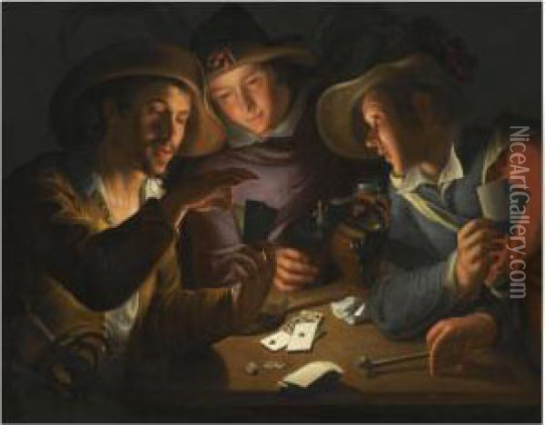 Three Cardplayers Around A Table Lit By A Candle Oil Painting - Peter Wtewael