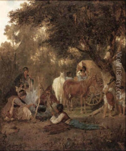 A Gypsy Encampment Oil Painting - Franz Quaglio