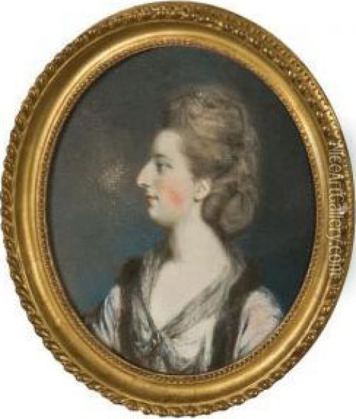 Portrait Of Lady Said To Be Frances Leslie In A White And Blue Dress Oil Painting - Hugh Douglas Hamilton