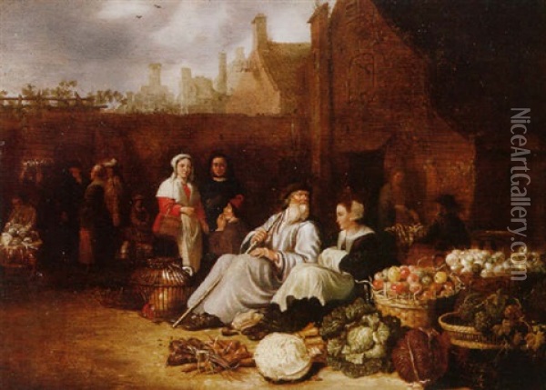 A Market Scene Oil Painting - Sybrand Van Beest