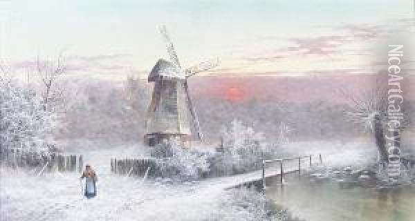 Winter Landscape With Windmill And Figure Oil Painting - Edgar Longstaffe