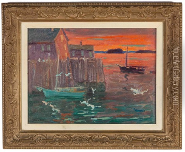 Harbor Scene At Sunset Oil Painting - Jonas Lie